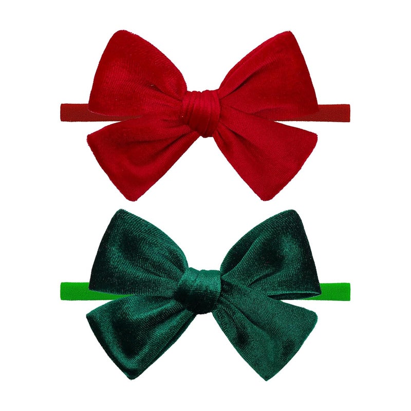 ONENINEDREAM Christmas Baby Bows Handmade Velvet Headbands Tied Bow Elastic Nylon Hair Accessories for Baby Girls Newborn Infant 2 Pcs Christmas Gift Red Green - Image 1
